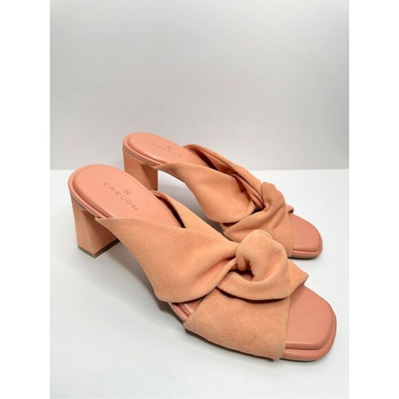 Caslon Sandals Size 7 Coral Suede Leather Crisscross Open Toe Block Heel Slip On - Picture 2 of 11